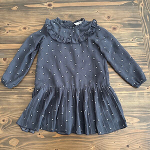 H&M Girls Gray Floral Drop Waist Chiffon Dress Size 6 Ruffle Collar